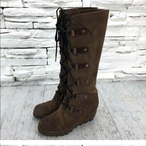 Sorel Joan Of Arctic Wedge Tall Boots Brown LaceUp